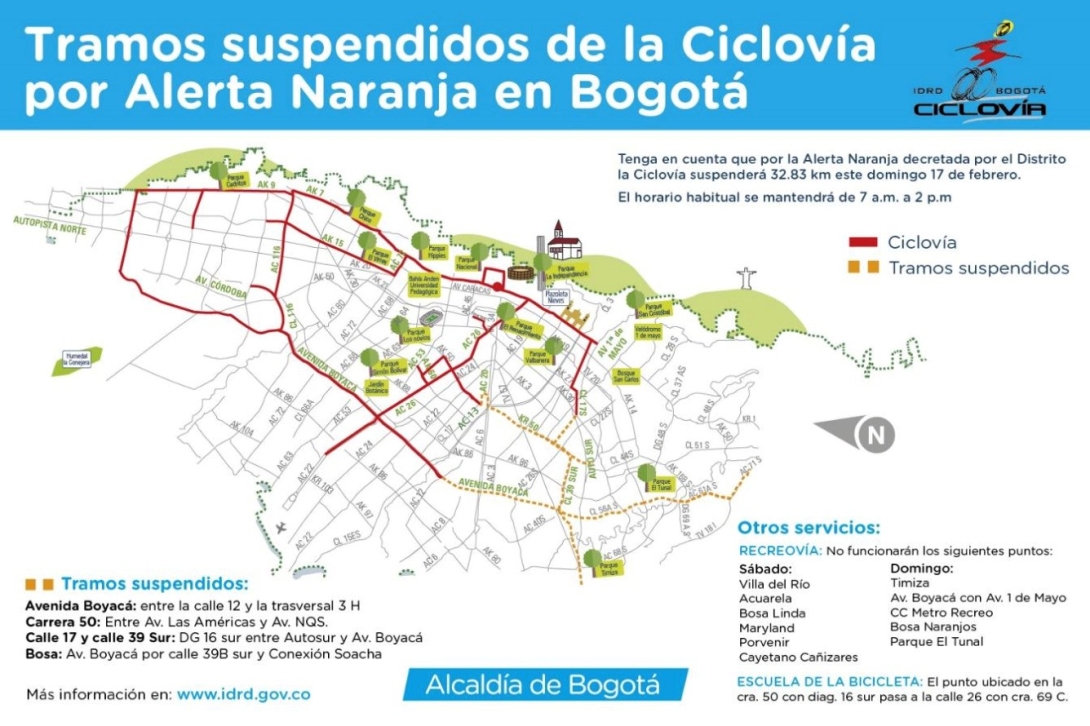 Mapa de tramos suspendidos de la ciclovía